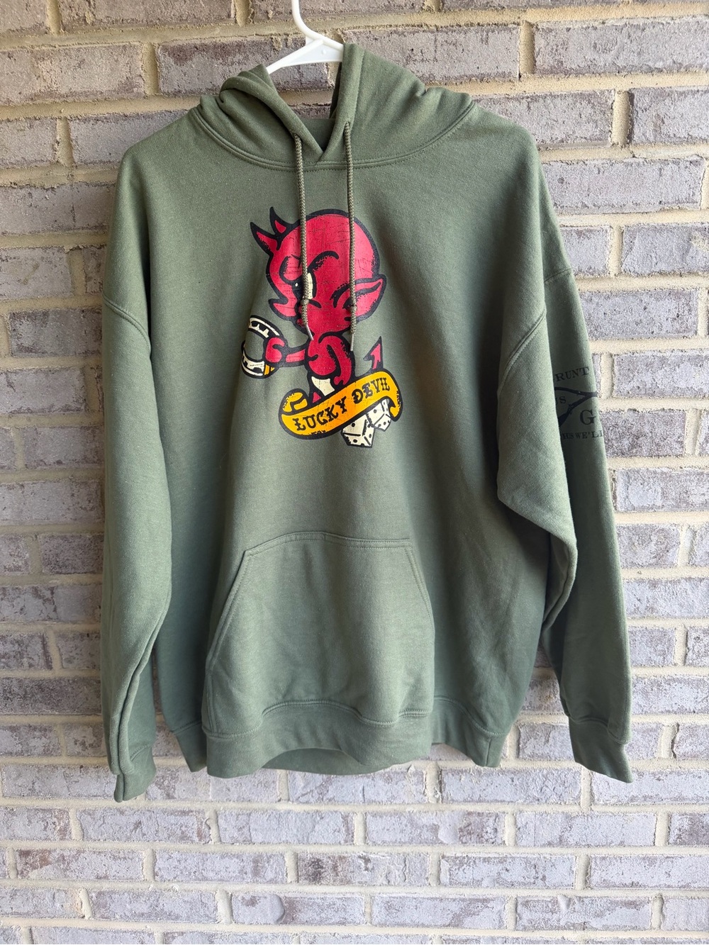 Grunt Style Lucky Devil Pullover Hoodie Military OD Green Tattoo Mens Large L
